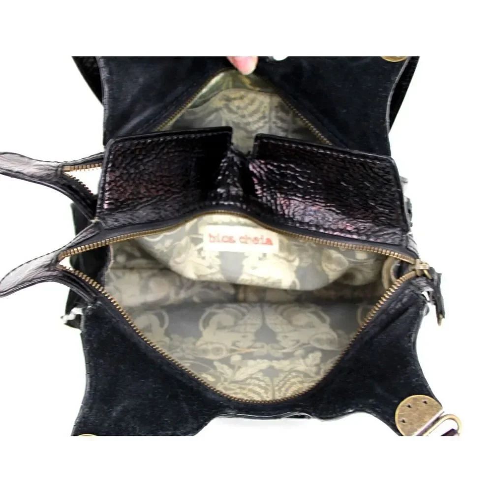 BICA CHEIA BLACK CRINKLED GENUINE LEATHER SUEDE TOTE SHOULDER BAG HANDBAG PURSE - Picture 7 of 10